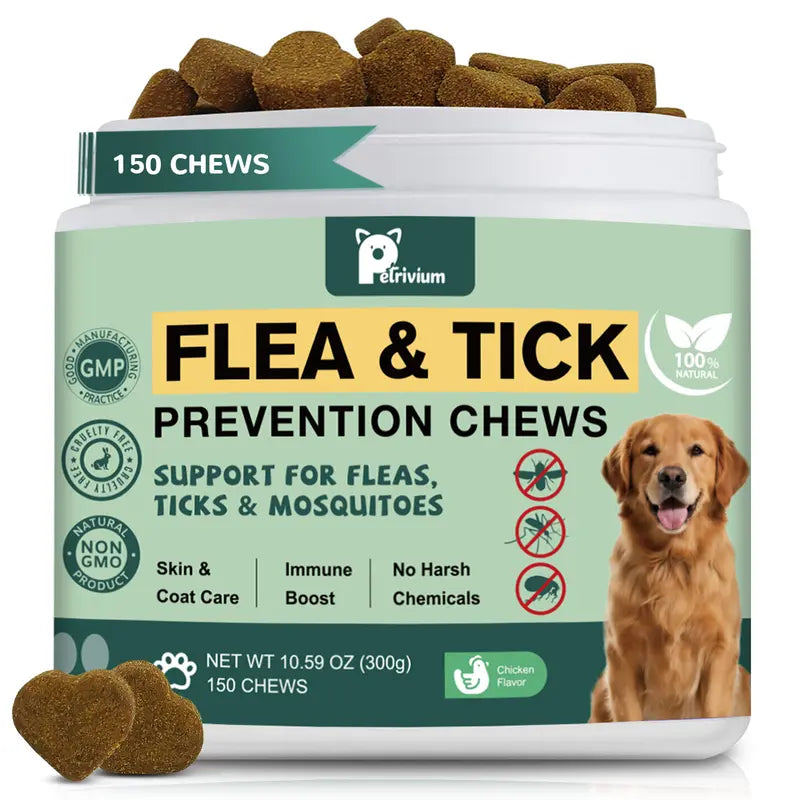 150Ct-Petrivium Dog Flea & Tick Support Soft Chews - Natural Pesticide-Free Vitamin Supplement with Rosemary Repel, Chicken Flavor, Suitable for Puppies & All Breeds/Sizes