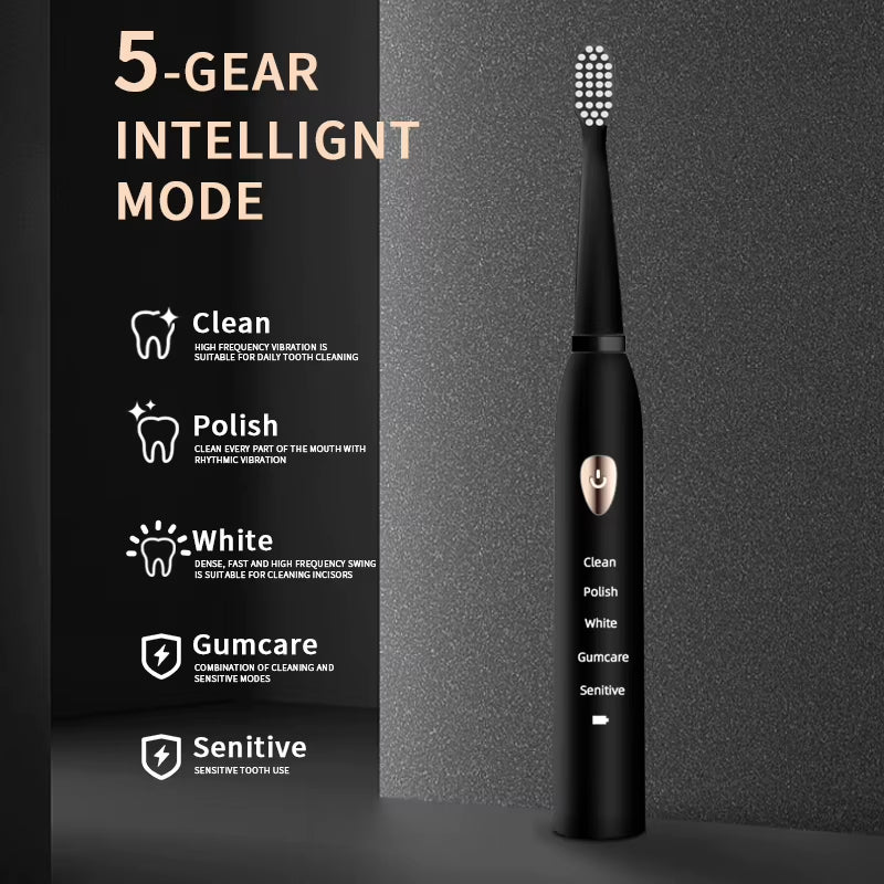 Jianpai Adult Black White Classic Acoustic Electric Toothbrush Adult 5-Gear Mode USB Charging IPX7 Waterproof Acoustic Electric