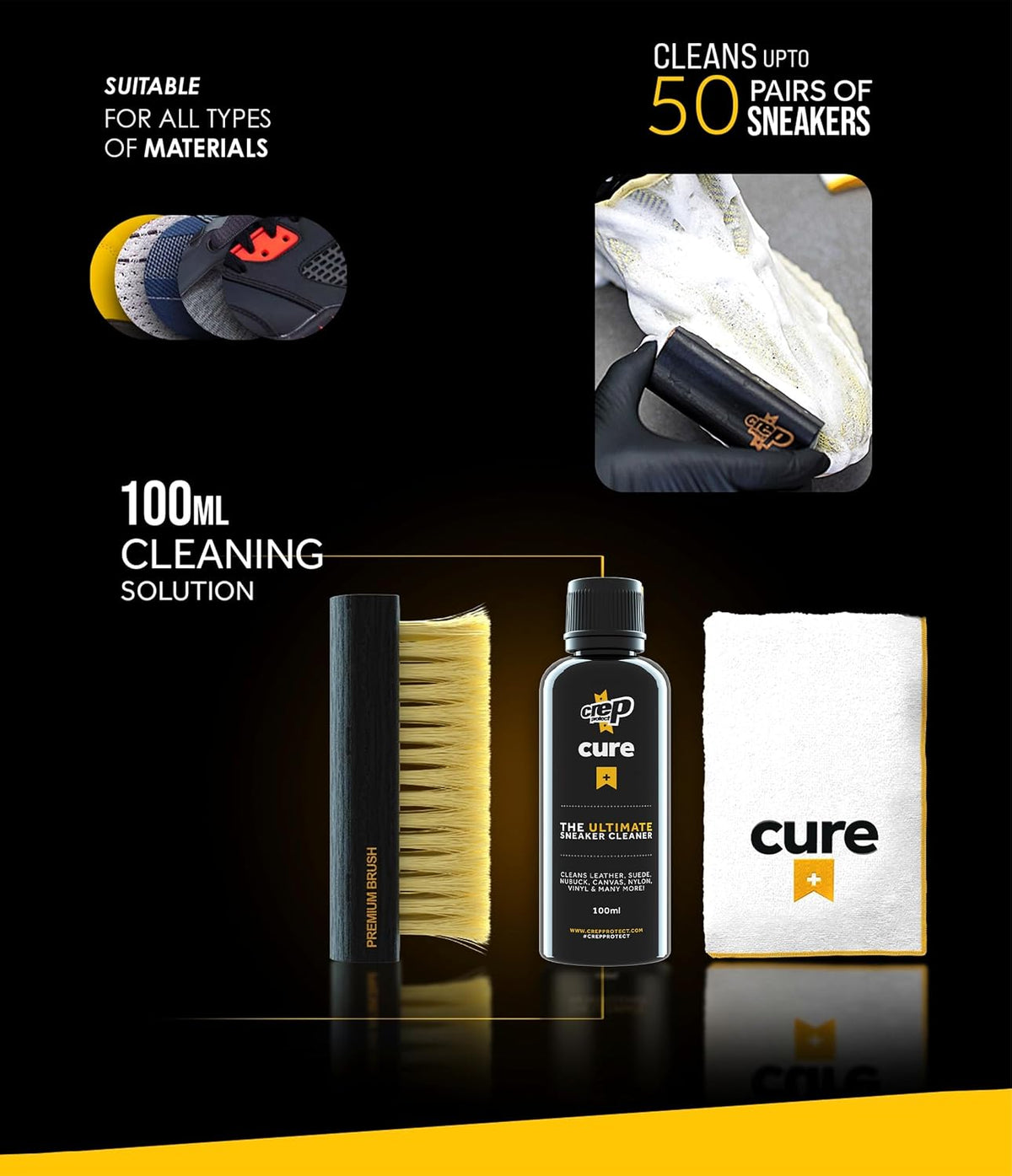 Shoe Care Pack - Premium Sneaker Cleaning Kit with 6 X Sneaker Wipes, 2 X Pill, Eraser, 3.5 Oz Cleaning Solution, Microfibre Cloth & Brush